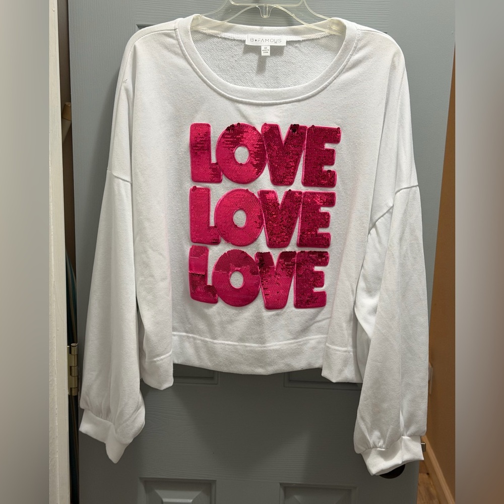 Love 3xs in Pink Sequins on Super Soft White Crop Sweatshirt Size 3X